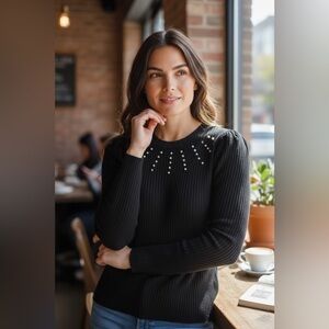 Design History Black Top with Pearl Embellishments- SZ MED NWOT